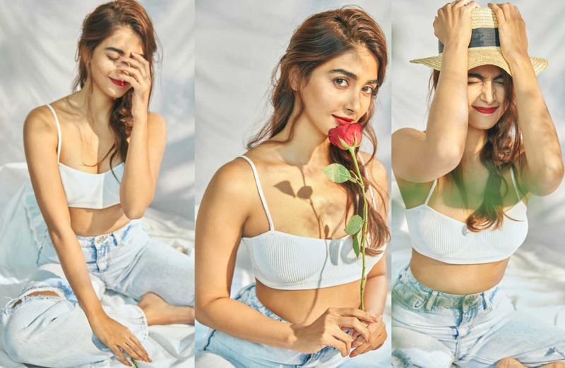 heroin pooja hegde feeling shy as she poses in inner wear