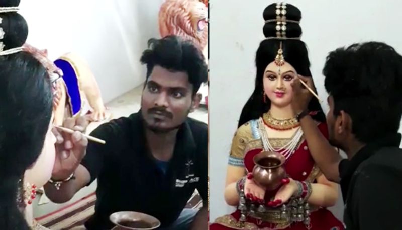 Madhya Pradesh news Navratri 2021 chhindwara artist made a smiling living durga maa idol viral on social media