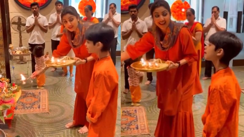 Shilpa Shetty Daughter Sameesha and Son Viaan Raj Kundra worshiped Durga Pooja at Navratri