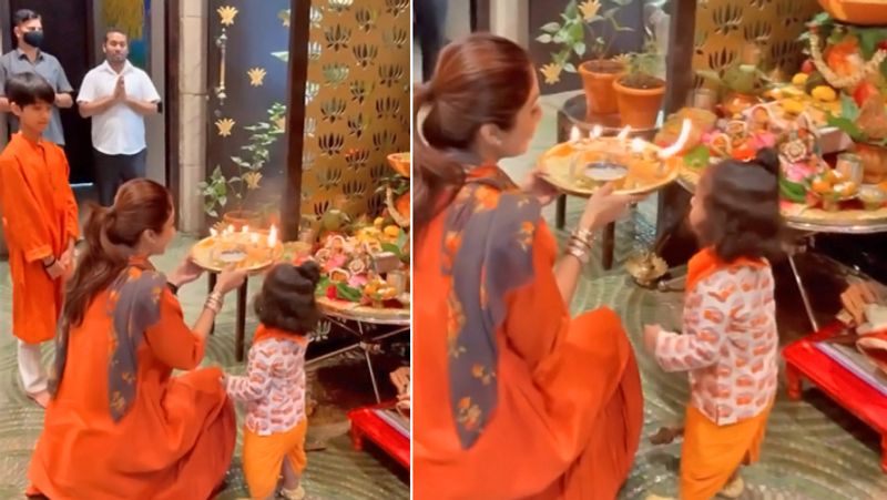 Shilpa Shetty Daughter Sameesha and Son Viaan Raj Kundra worshiped Durga Pooja at Navratri