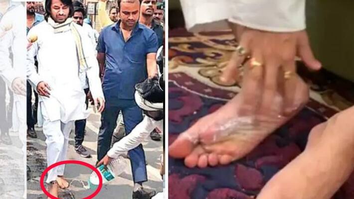 Lalu Prasad Yadav son tej pratap walked barefoot for 2.5 kms and his supporters poured mineral water on road to keep in cool Lalu Prasad Yadav son tej pratap walked barefoot for 2.5 kms and his supporters poured mineral water on road to keep in cool