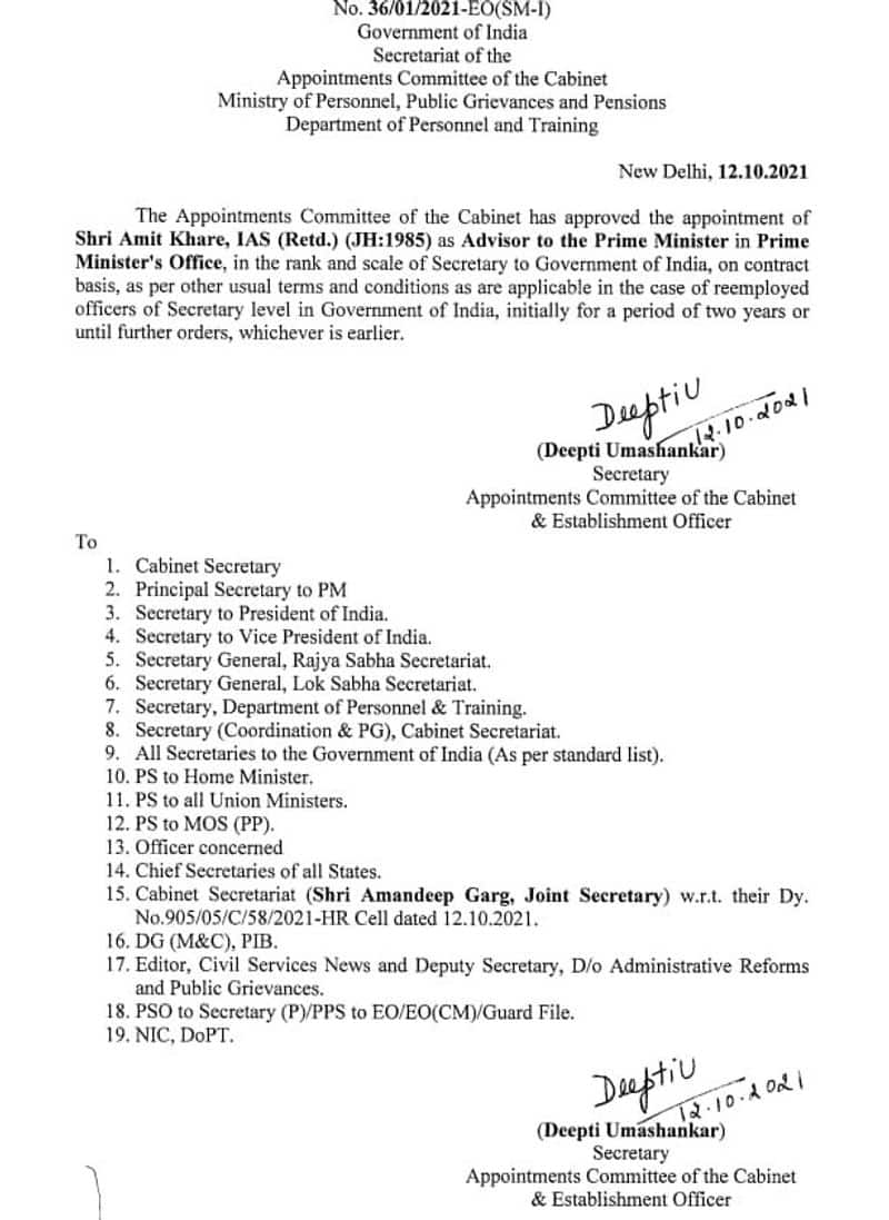 Cabinet Committee approved appointment Amit Khare as Advisor of Prime Minister Office ckm
