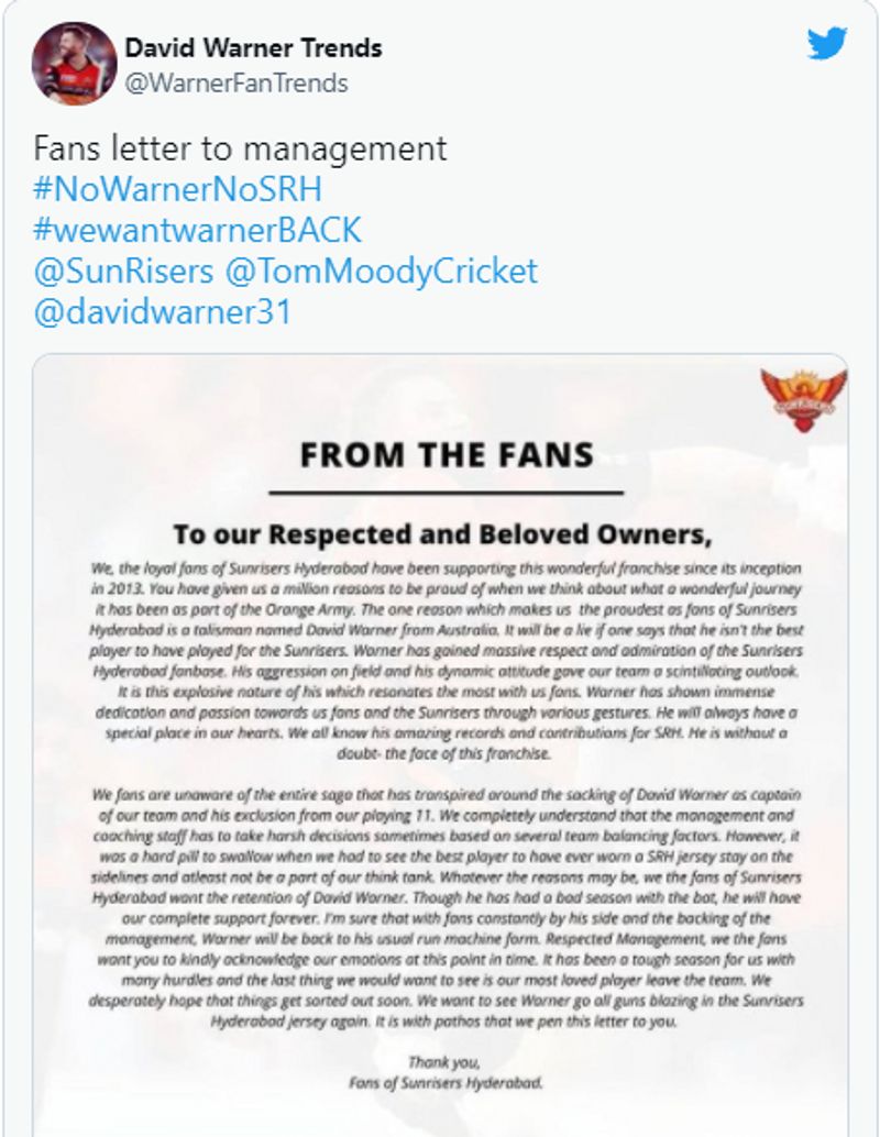 IPL 2021 SRH fans started campaign to retain David Warner in IPL 2022 Auction