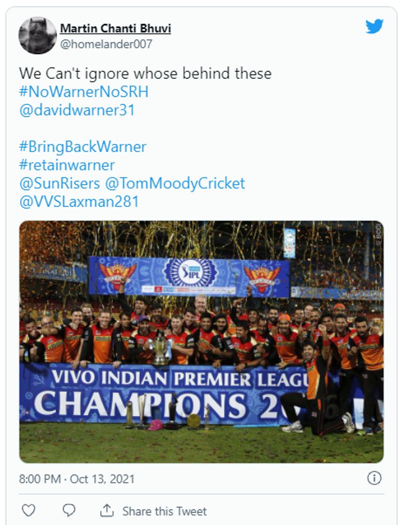IPL 2021 SRH fans started campaign to retain David Warner in IPL 2022 Auction