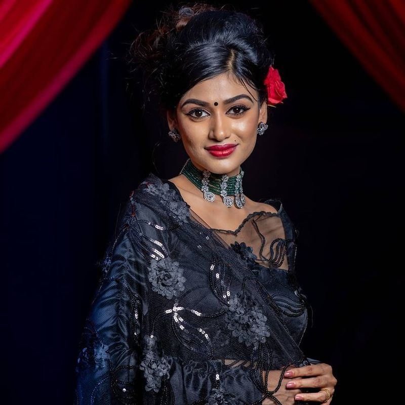 biggboss fame oviya black color transparent saree stunning photos