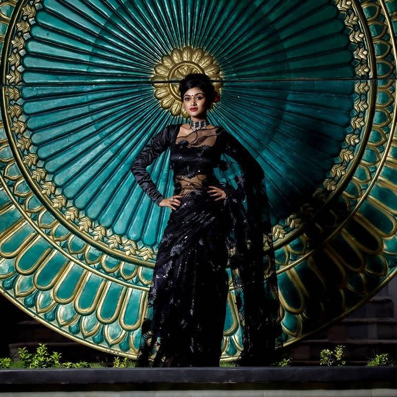 biggboss fame oviya black color transparent saree stunning photos