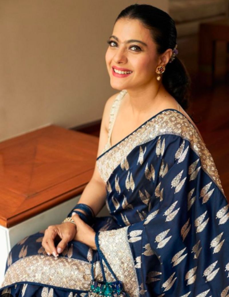 Kajol slays Anita Dongres 80 thousand backless blue Benarasi saree on Durga Ashtami navratri dpl