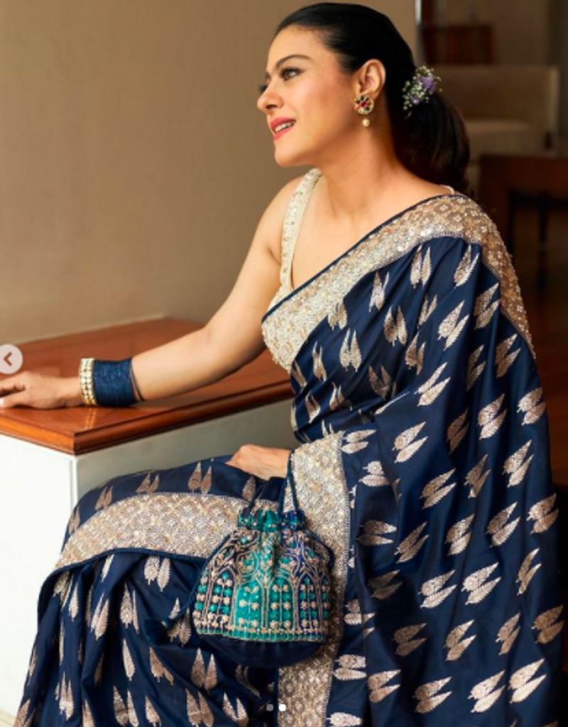 Kajol slays Anita Dongres 80 thousand backless blue Benarasi saree on Durga Ashtami navratri dpl