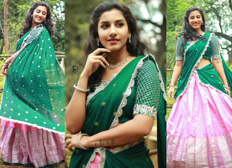 vishnu priya dasara treat rises heat in half saree look at her