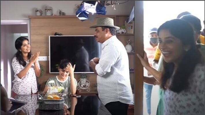 Sathyan Anthikads film crew welcomes Meera Jasmine location video Sathyan Anthikads film crew welcomes Meera Jasmine location video