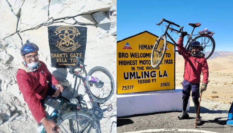 35 year old thrissur native Muhammed ashraf reaches Ladakh in cycle with leg which cant move