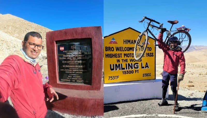 35 year old thrissur native Muhammed ashraf reaches Ladakh in cycle with leg which cant move