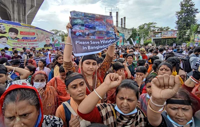 Dhaka University students protest against attack on Hindu Temples and Durga Puja celebrations