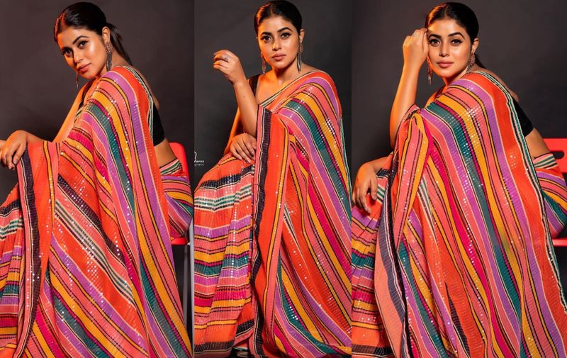dhee judge poorna blows mind in sleeveless jacket and designer saree