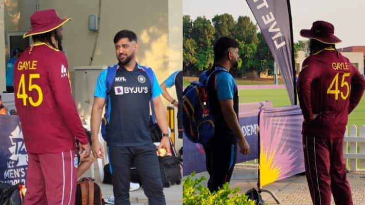 MS Dhoni meet Chris Gayle and Dwayne Bravo during ICC T20 World Cup 2021 spb MS Dhoni meet Chris Gayle and Dwayne Bravo during ICC T20 World Cup 2021 spb