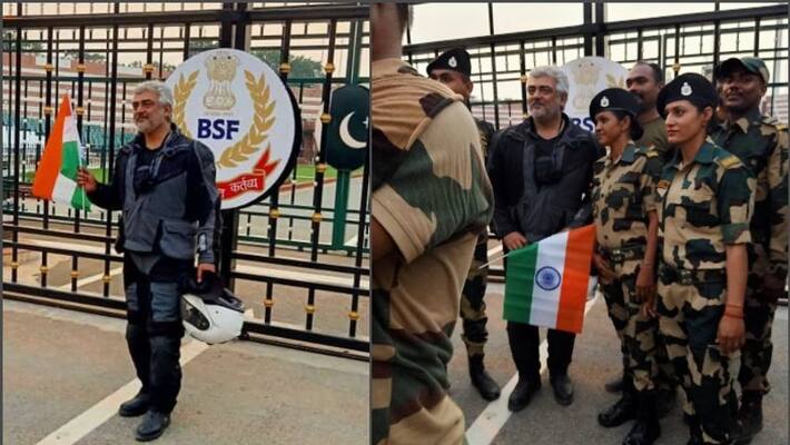 ajith kumar spotted at wagah border with bsf soldiers viral pics ajith kumar spotted at wagah border with bsf soldiers viral pics