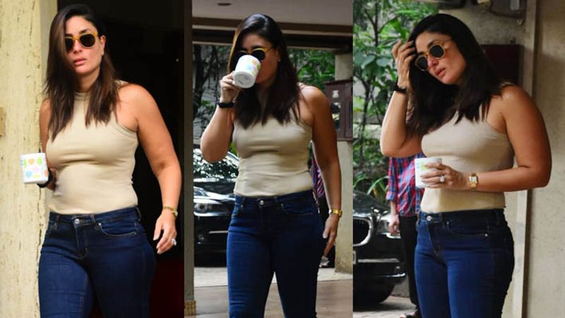kareena kapoor spotted outside home in tight dress and posing with a cup of tea