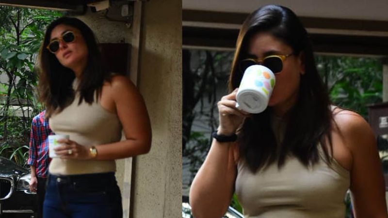 kareena kapoor spotted outside home in tight dress and posing with a cup of tea