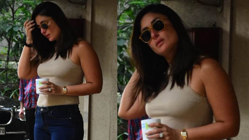 kareena kapoor spotted outside home in tight dress and posing with a cup of tea