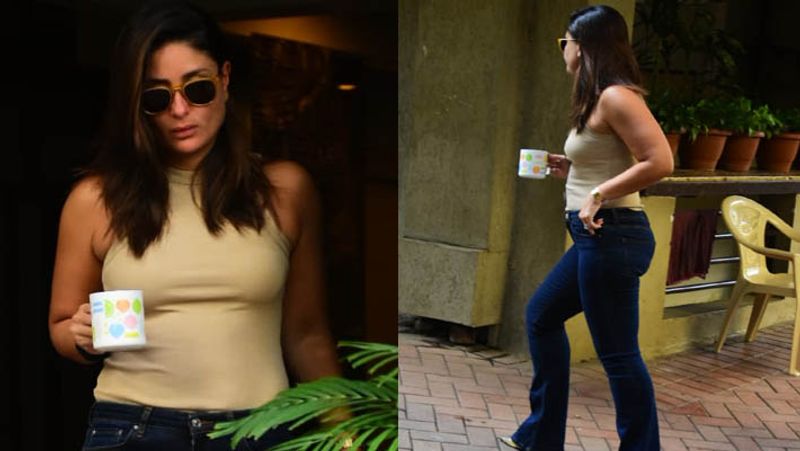 kareena kapoor spotted outside home in tight dress and posing with a cup of tea