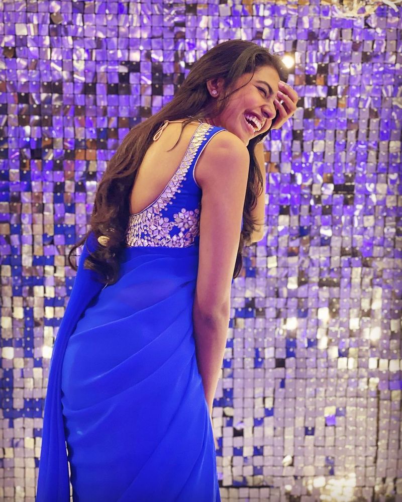 star kid shivani rajashekar rises heat in blue saree and deep neck jacket