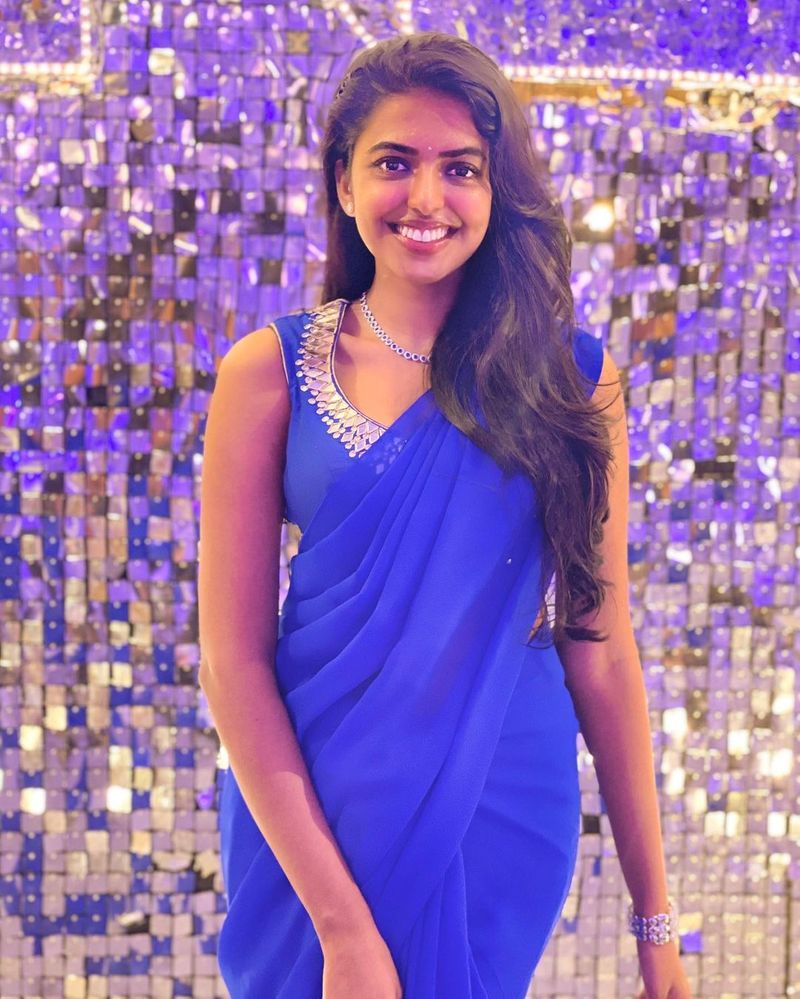 star kid shivani rajashekar rises heat in blue saree and deep neck jacket