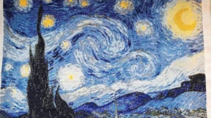 woman embroidered a replica of the starry night woman embroidered a replica of the starry night