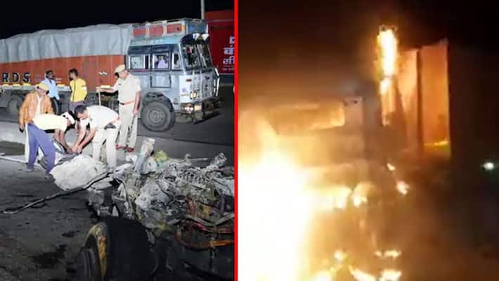 Two trailers collided in Kishangarh on Jaipur highway caught fire and one driver cleaner was burnt to death Two trailers collided in Kishangarh on Jaipur highway caught fire and one driver cleaner was burnt to death