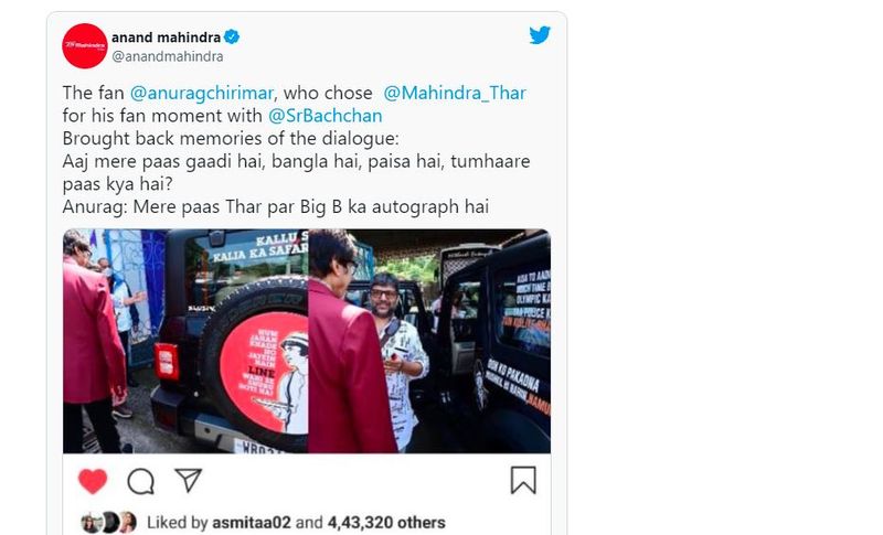 Die Hard Amitabh Bachchan Fan Paints His Mahindra Thar With Actors Dialogues Leaves Anand Mahindra Impressed