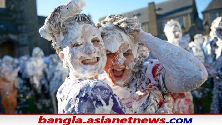 Shaving foam tradition enjoyed by hundreds of students at University of St Andrews in Fife Shaving foam tradition enjoyed by hundreds of students at University of St Andrews in Fife