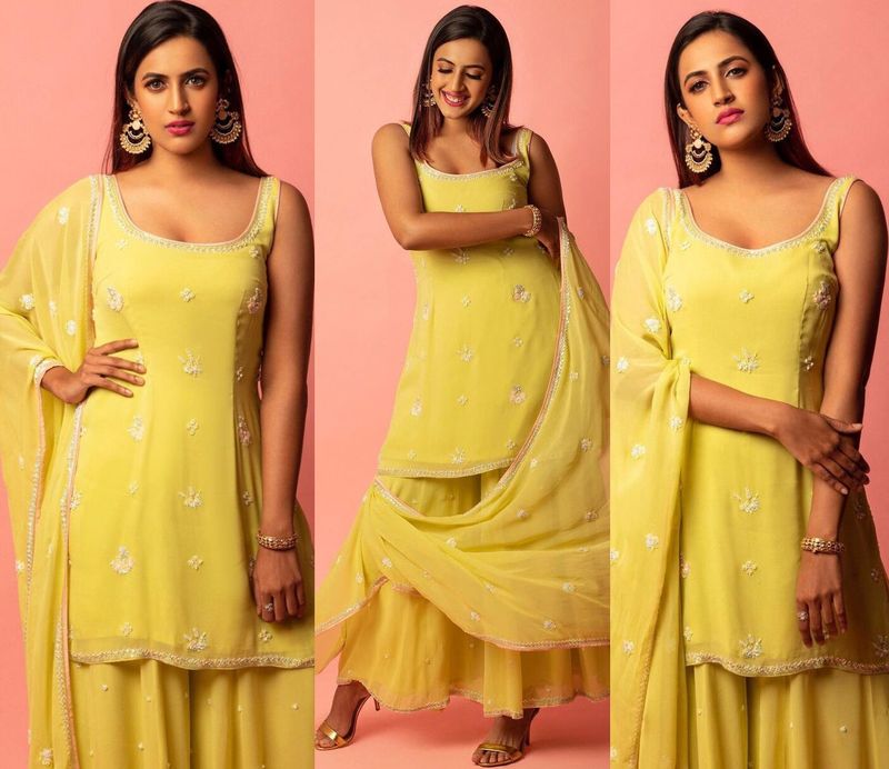 mega daughter niharika kondiela looks super stylish in yellow designer wear