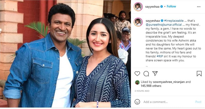 Yuvarathna actress Sayyeshaa shares picture with co star Puneeth Rajkumar dpl