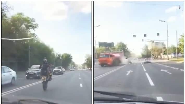 bike stunt goes wrong biker collided with tanker in viral video bike stunt goes wrong biker collided with tanker in viral video