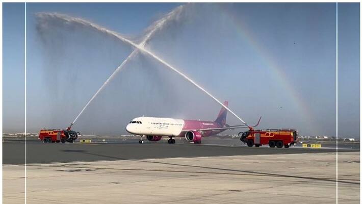 Muscat airport receives first Wizz Air flight by giving water salute Muscat airport receives first Wizz Air flight by giving water salute