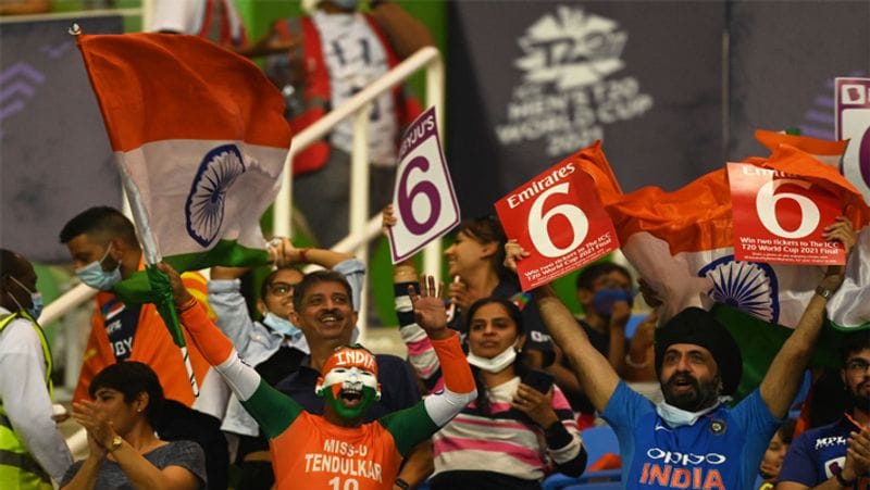 India v Afghanistan ICC Men's T20 World Cup 2021, ABU DHABI: Fans look on from the stands during the Ind vs Afg match at Sheikh Zayed stadium