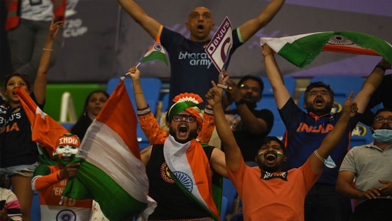 India v Afghanistan ICC Men's T20 World Cup 2021, ABU DHABI: Fans look on from the stands during the Ind vs Afg match at Sheikh Zayed stadium