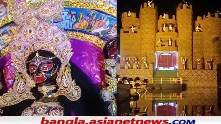 Kali Puja 2021 Bamboo fort mandap on the water to commemorate Titumir in Kalipujo at Baduria RTB Kali Puja 2021 Bamboo fort mandap on the water to commemorate Titumir in Kalipujo at Baduria RTB