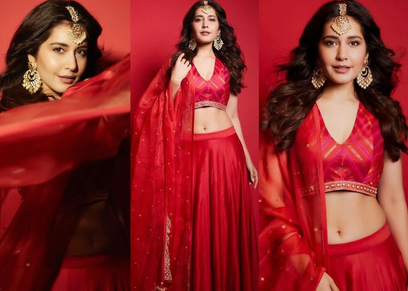 heroin raashi khanna diwali treat to fans shines in red choli lehanga