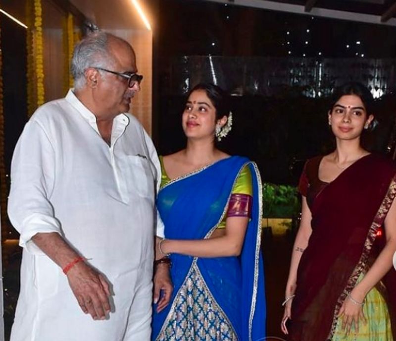 Janhvi Kapoor and Khushi Kapoor arrive with their father Boney Kapoor falunts in South style attire for Diwali dpl