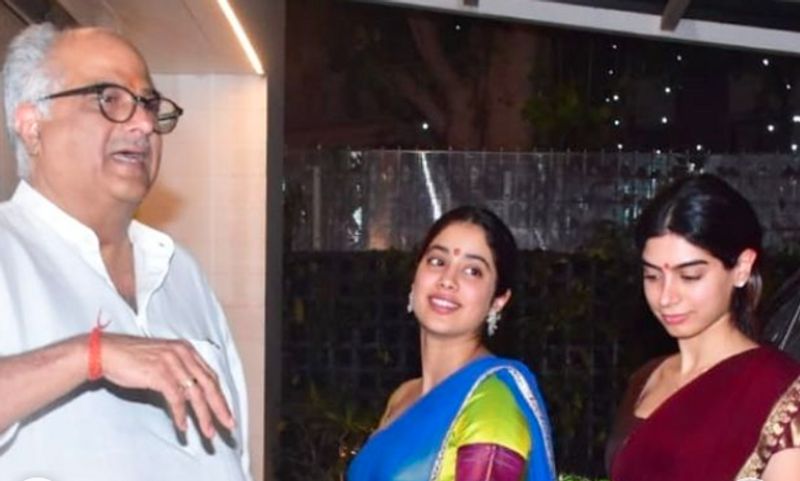 Janhvi Kapoor and Khushi Kapoor arrive with their father Boney Kapoor falunts in South style attire for Diwali dpl