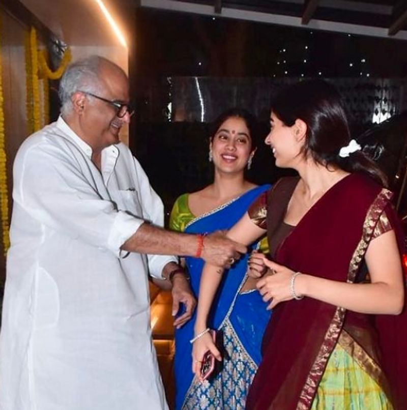 Janhvi Kapoor and Khushi Kapoor arrive with their father Boney Kapoor falunts in South style attire for Diwali dpl
