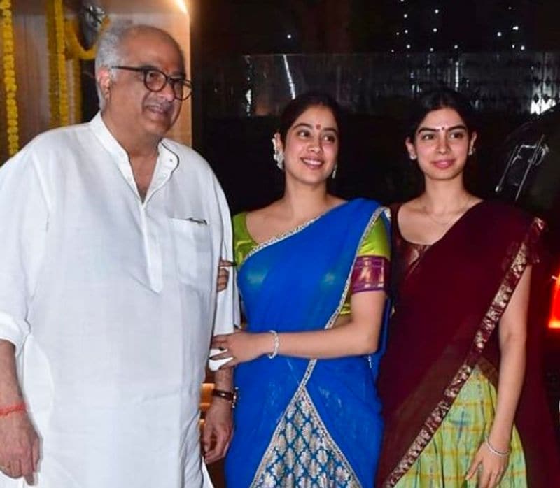Janhvi Kapoor and Khushi Kapoor arrive with their father Boney Kapoor falunts in South style attire for Diwali dpl