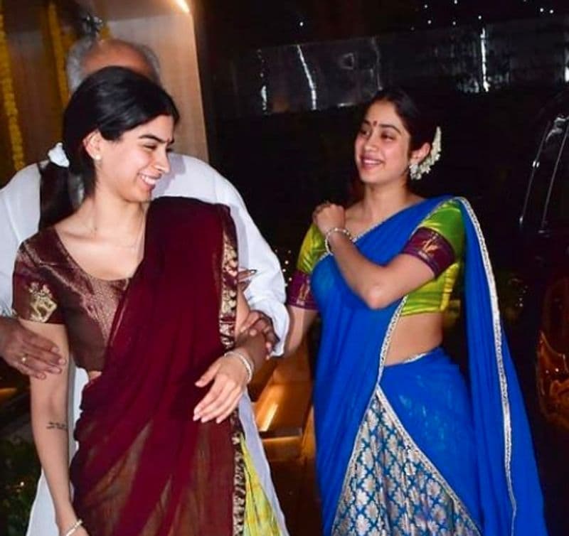 Janhvi Kapoor and Khushi Kapoor arrive with their father Boney Kapoor falunts in South style attire for Diwali dpl