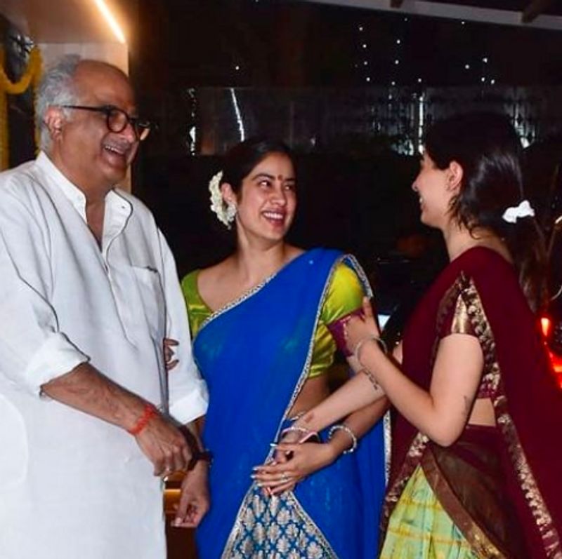 Janhvi Kapoor and Khushi Kapoor arrive with their father Boney Kapoor falunts in South style attire for Diwali dpl
