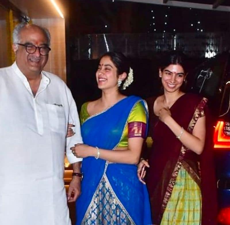Janhvi Kapoor and Khushi Kapoor arrive with their father Boney Kapoor falunts in South style attire for Diwali dpl