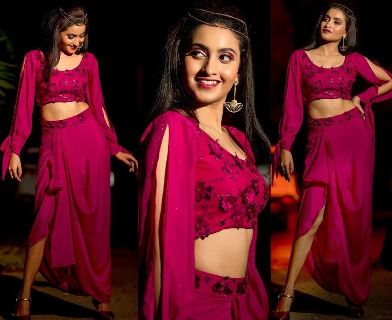 Dhee anchor Deepika pilli shines in magenta trendy wear her latest poses goes viral