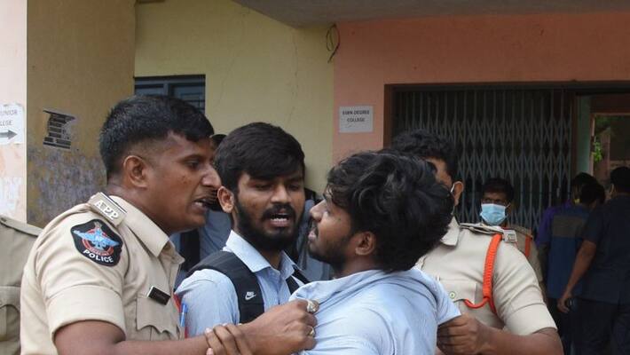 Tension prevails after Student leaders protest at Minister Suresh Press meet hall in Amaravati Tension prevails after Student leaders protest at Minister Suresh Press meet hall in Amaravati