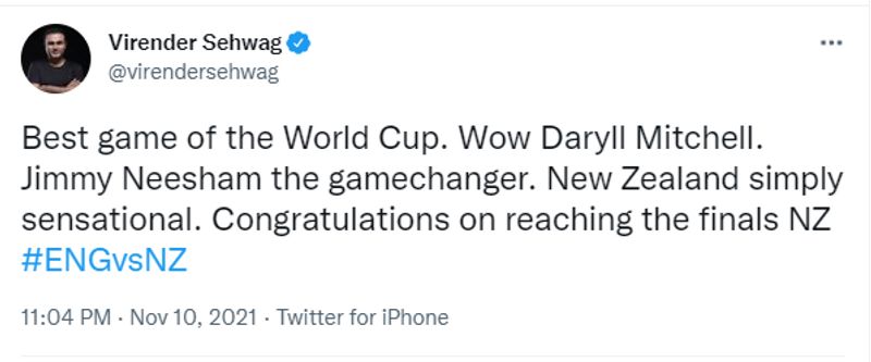 T20 World Cup 2021 Sachin Tendulkar Virender Sehwag lauds New Zealand win over England