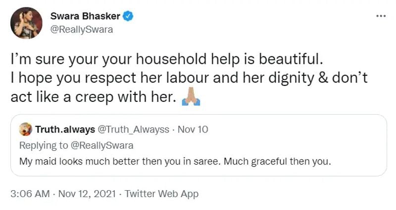Actress Swara Bhasker hits back at Twitter user who told her my maid looks much better dpl
