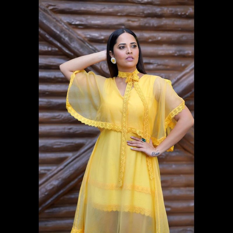 anchor ansuya latest photo shoot blows your mind for sure she shines in yellow frack